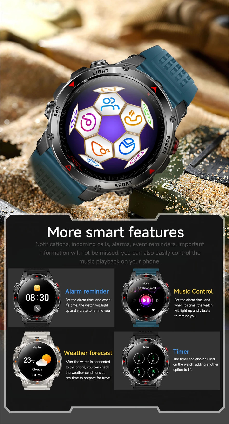 New Military GPS Sports Smart Watch Men Support GNSS Swim 3ATM Waterproof Compass Altimeter BT Call Outdoor Sports Smart Watch