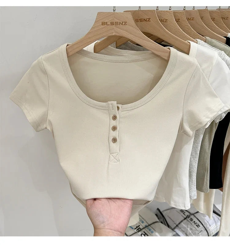 Women T Shirt Button T-Shirt Woman Clothes Tops Cotton Slim Tshirt Female Short Sleeve Top Summer Tee Sexy Canale Y2k