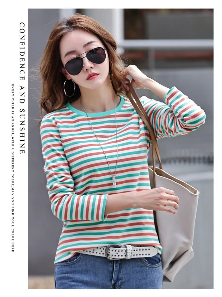 High Quality T Shirt For Women Korean Fashion Clothes Autumn Cotton Stripe Tee Shirt Femme O Neck Tops Woman Long Sleeve Tshirts