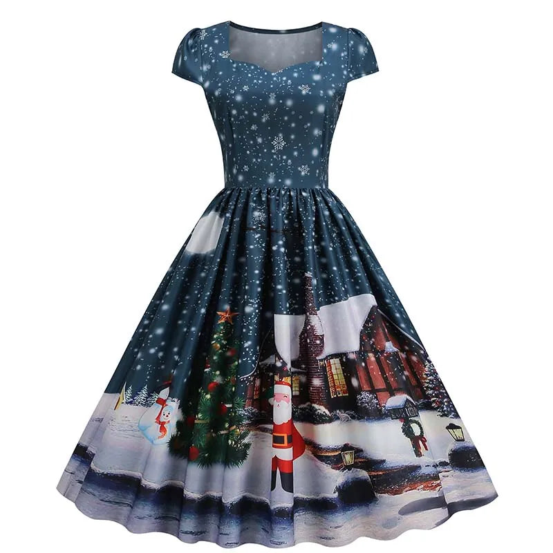Christmas Dresses for Women Winter Pinup Rockabilly Sexy Cosplay Party Dress Santa Claus Snow Print Cocktail Prom Dress