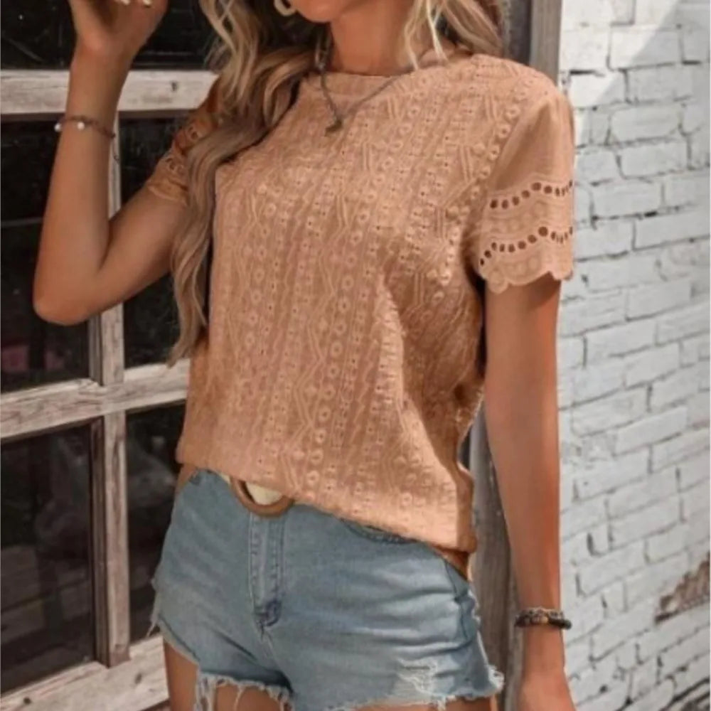 Women's T-shirt COTTON Tops 2024 Summer Street Hollowed Out Simple Solid Color V Casual Shirt Y2k T Shirt White Blusa Mujer Moda