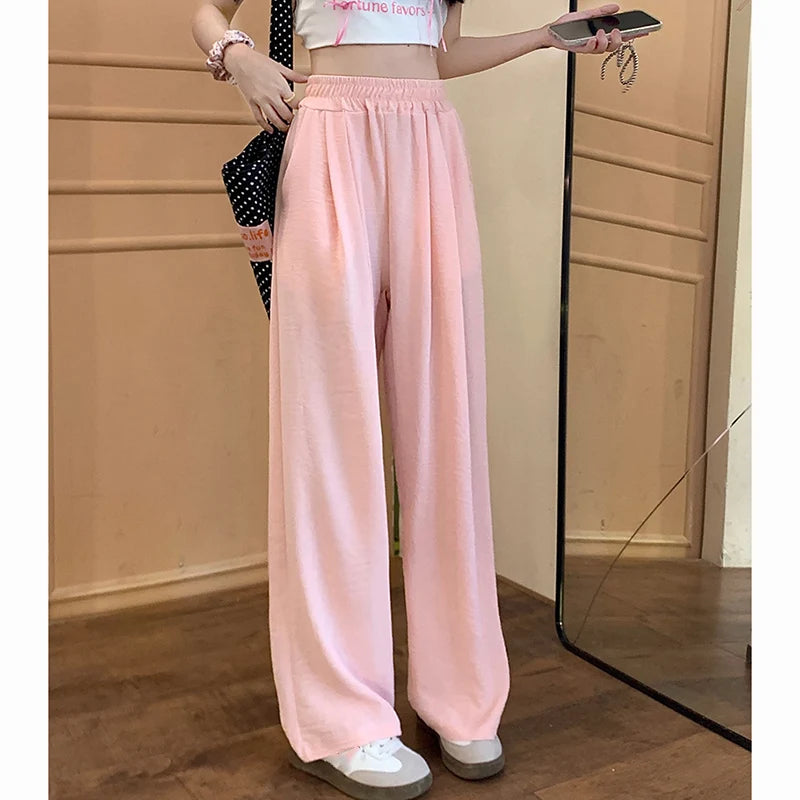 Summer Women Sweet Colorful Ice Silk Pants Lady Baggy Versatile Elastic Straight Leg Trousers Female Wide Leg High Waisted Pants