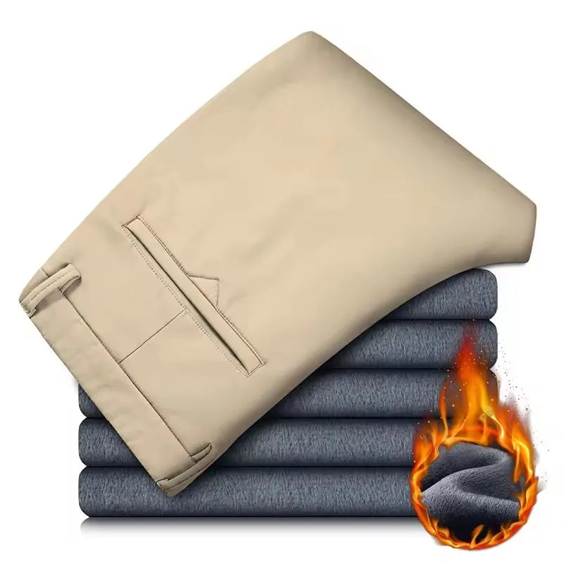 New Winter Mens Clothing Warm Casual Pants 98% Cotton Fleece Straight Business Thicken Men Pants Stretch Classic Velvet Trousers