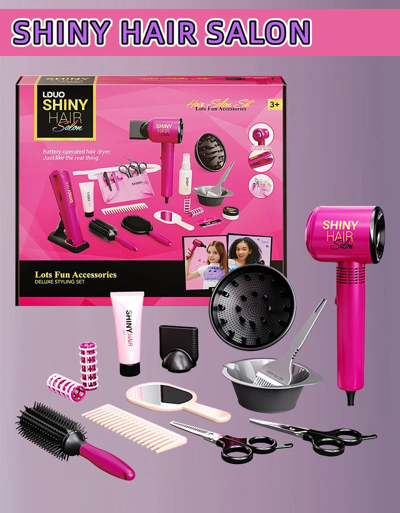 Hair Styling Play Set for Girls – Hair Clips, Mirror, Comb, Hairdryer, Hair Dye Tools – Role-Playing Kit for Ages 3+
