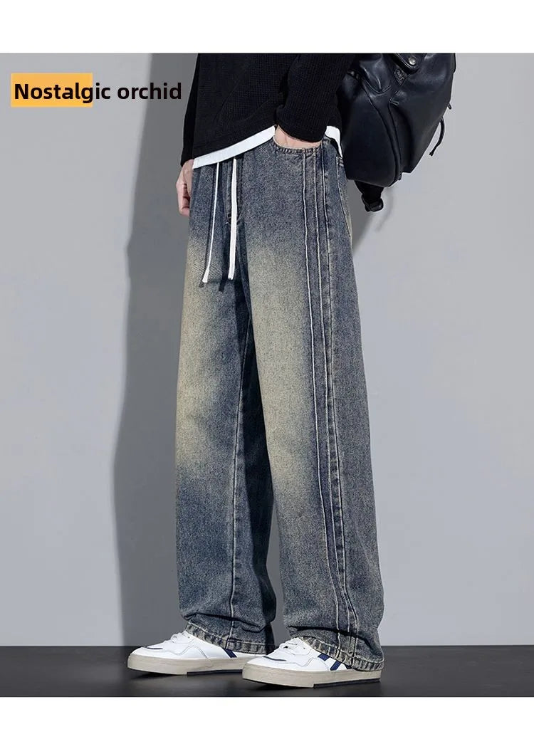 Elastic Loose Straight Jeans Men's Wide Legged Denim Pants Casual Trousers Korean Style Sportswear Clothing Jeans Men Pants