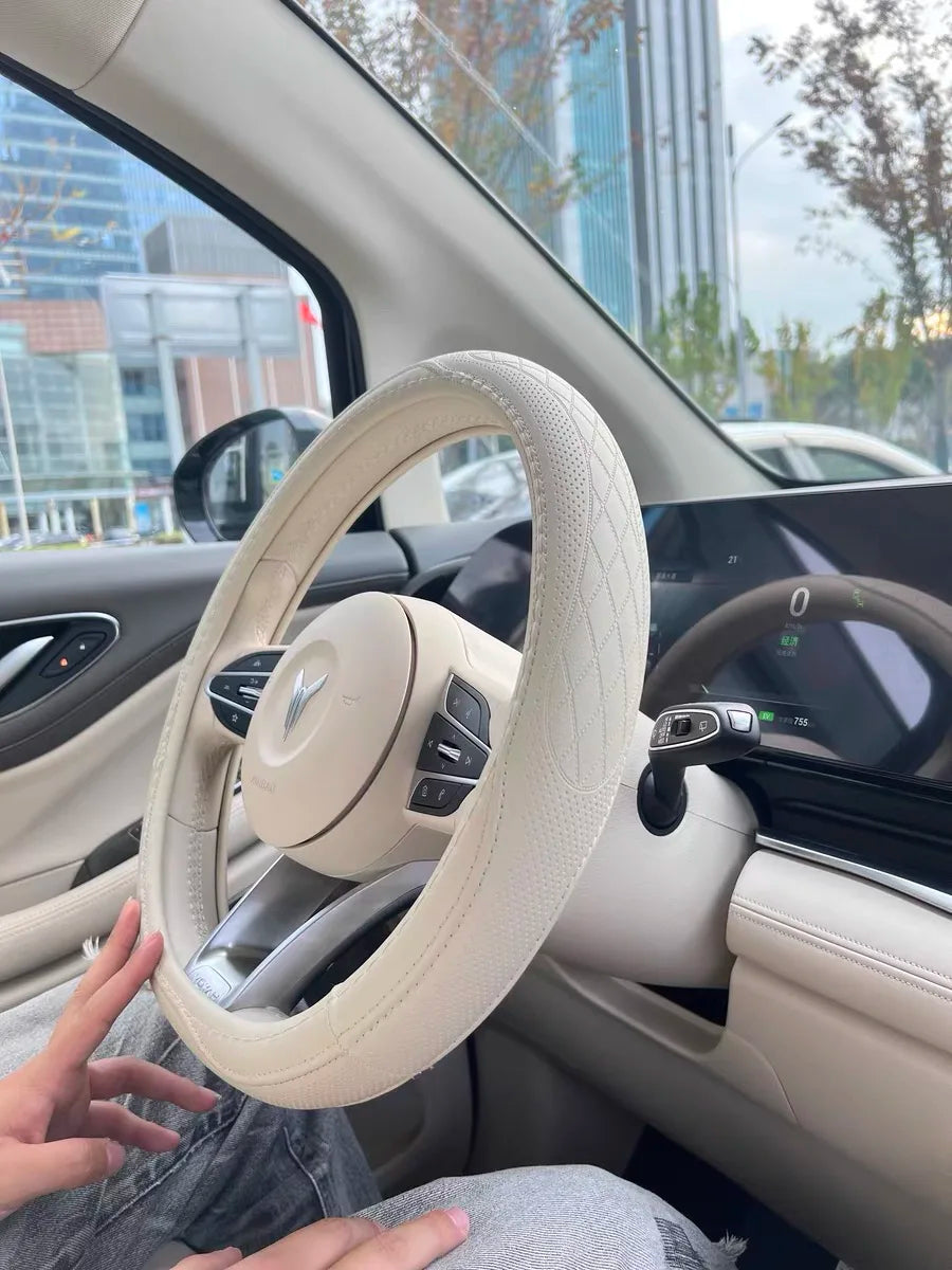 Napa Leather Perforated Patchwork Car Steering Wheel Cover, Non-slip, Breathable, Universal 15 Inch (Approx. 38cm)