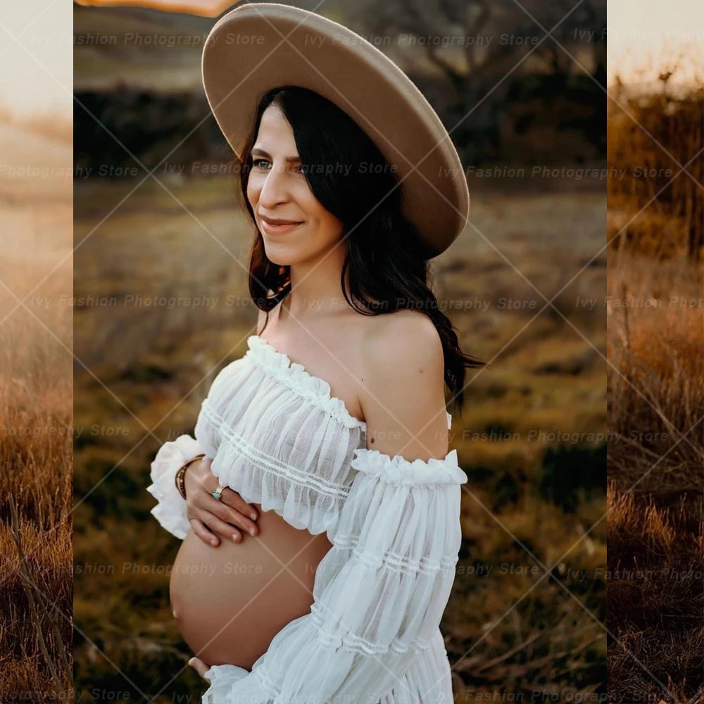 Maternity Dresses For Photo Shoot Women Off Shoulder Short Top Pleated Chiffon Long Sleeved Bohemian Dress Boho Style Dress