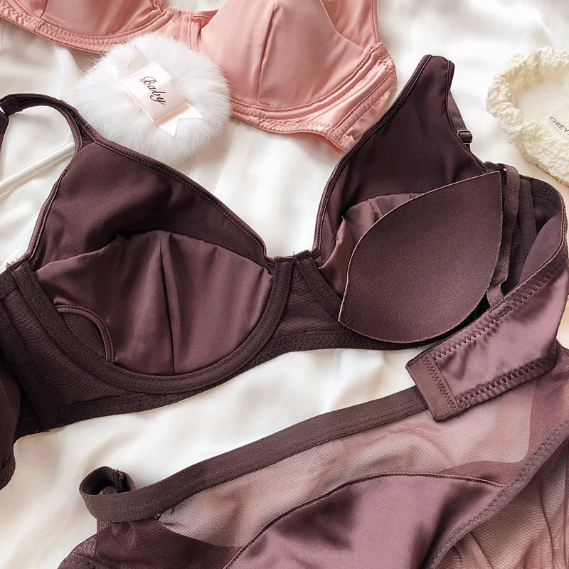 Women Ice Silk Comfort Underwear Sexy Small Breast Push Up Bra Set Detachable Padding Thin Cup Brassiere Intimates Panties Set