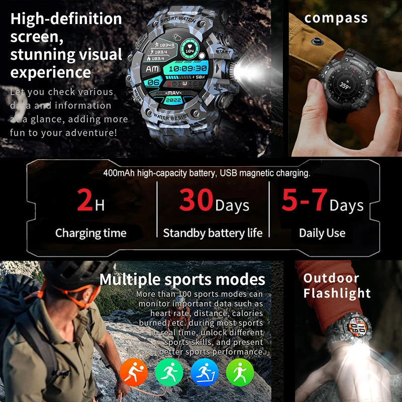 For Xiaomi Military Sports Smart Watch Men 100+Sports Fitness Flashlight Compass Heart Rate Bluetooth Call Waterproof Smartwatch