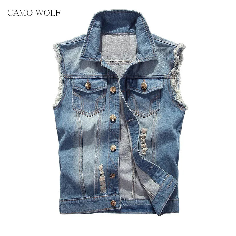 Hip Hop Jeans Coat Men Jackets for Short Sleeve Ripped Blue Jean Jackets Man 2025 Men's Denim Vest Mens Denim Shirt Husband Male