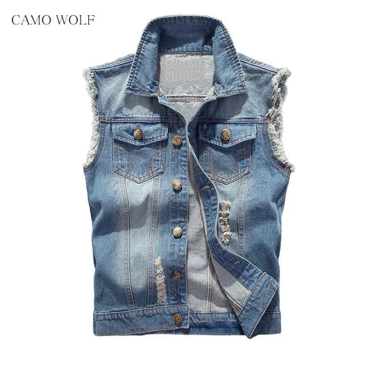 Hip Hop Jeans Coat Men Jackets for Short Sleeve Ripped Blue Jean Jackets Man 2025 Men's Denim Vest Mens Denim Shirt Husband Male