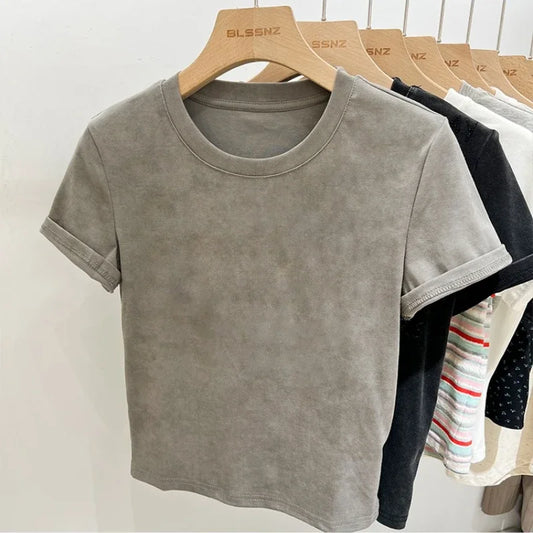 Women's Cotton T-shirt Female Summer 2025 Short Sleeve Washed Vintage Tee Harajuku Casual O-Neck Simple Slim Fit T Shirts