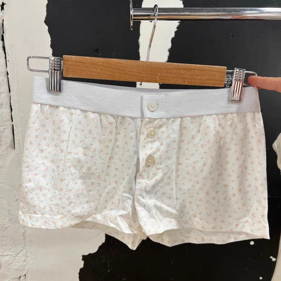 Purple Floral Print Home Shorts Summer Patchwork Elastic Waist Straight Short Pant Casual Cute Cotton Pants Woman Clothing