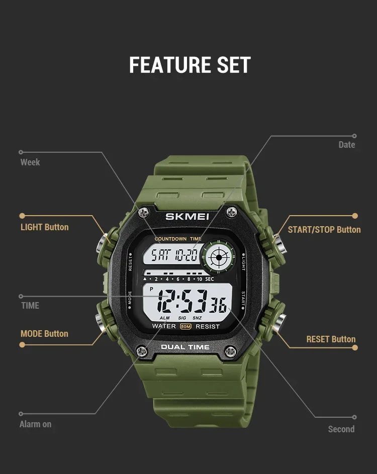 SKMEI 2126 Digital Countdown Sports Watches for Men LED Display Waterproof Stopwatch Mens Wristwatch Alarm Clock montre homme