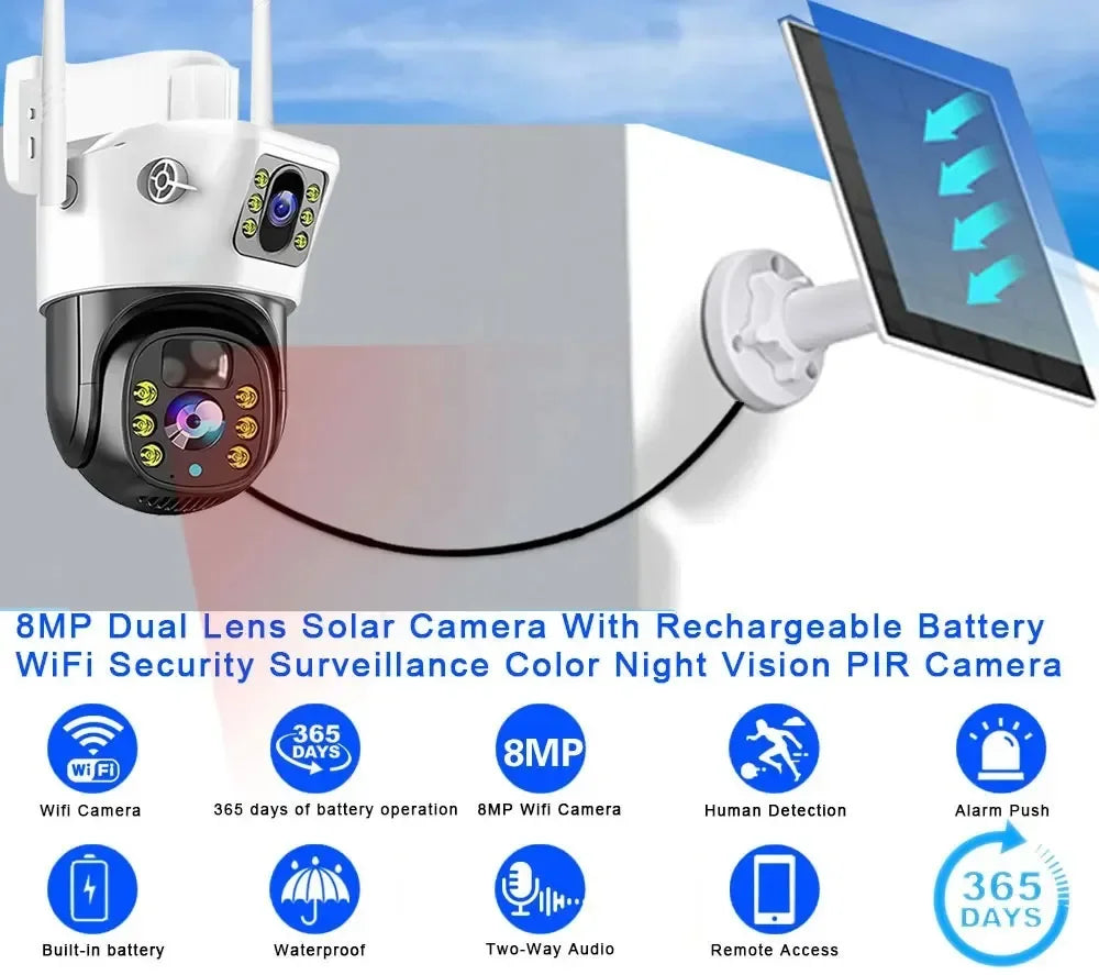 Solar Security Camera 4K 8MP Wireless PTZ Outdoor 360° Coverage 2-Way Audio Human Detection Night Vision 256GB WiFi/IP PIR Alarm