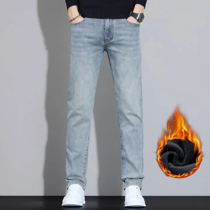 Fleece Thermal Autumn Winter Denim Jeans for Men Pants Warm Thicken Straight Stretch Clothing Fashion Street Causal Denim Pants