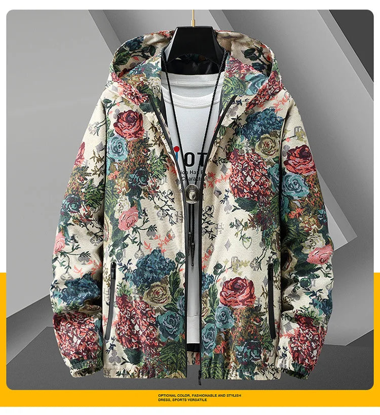 Vintage flower bear pattern Patchwork Windbreaker Men Jackets Autumn Hip Hop Streetwear Zip Up Casual Outerwear Jackets Clothes