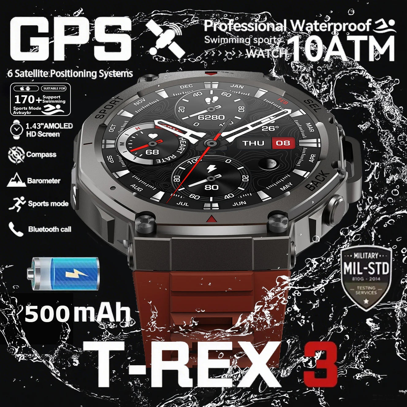 T-Rex 3 Military Grade 500mAh Battery Smart Watch 10ATM Waterproof GPS Compass Altimeter Call AMOLED Men Swim Sports Smartwatch