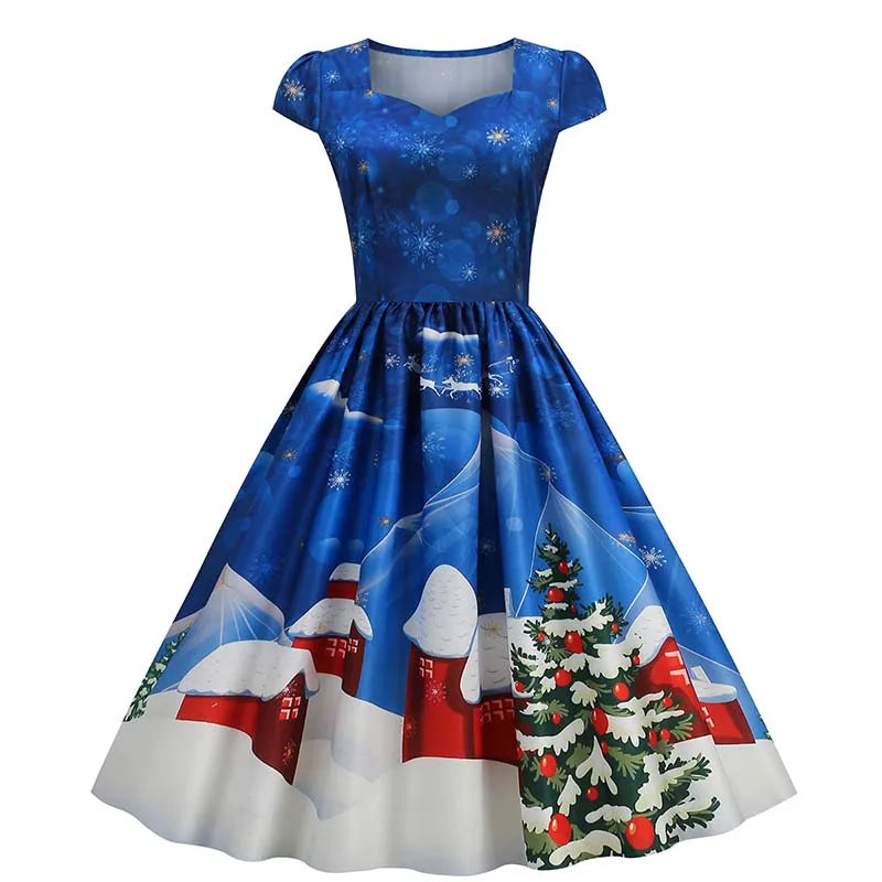 Christmas Dresses for Women Winter Pinup Rockabilly Sexy Cosplay Party Dress Santa Claus Snow Print Cocktail Prom Dress