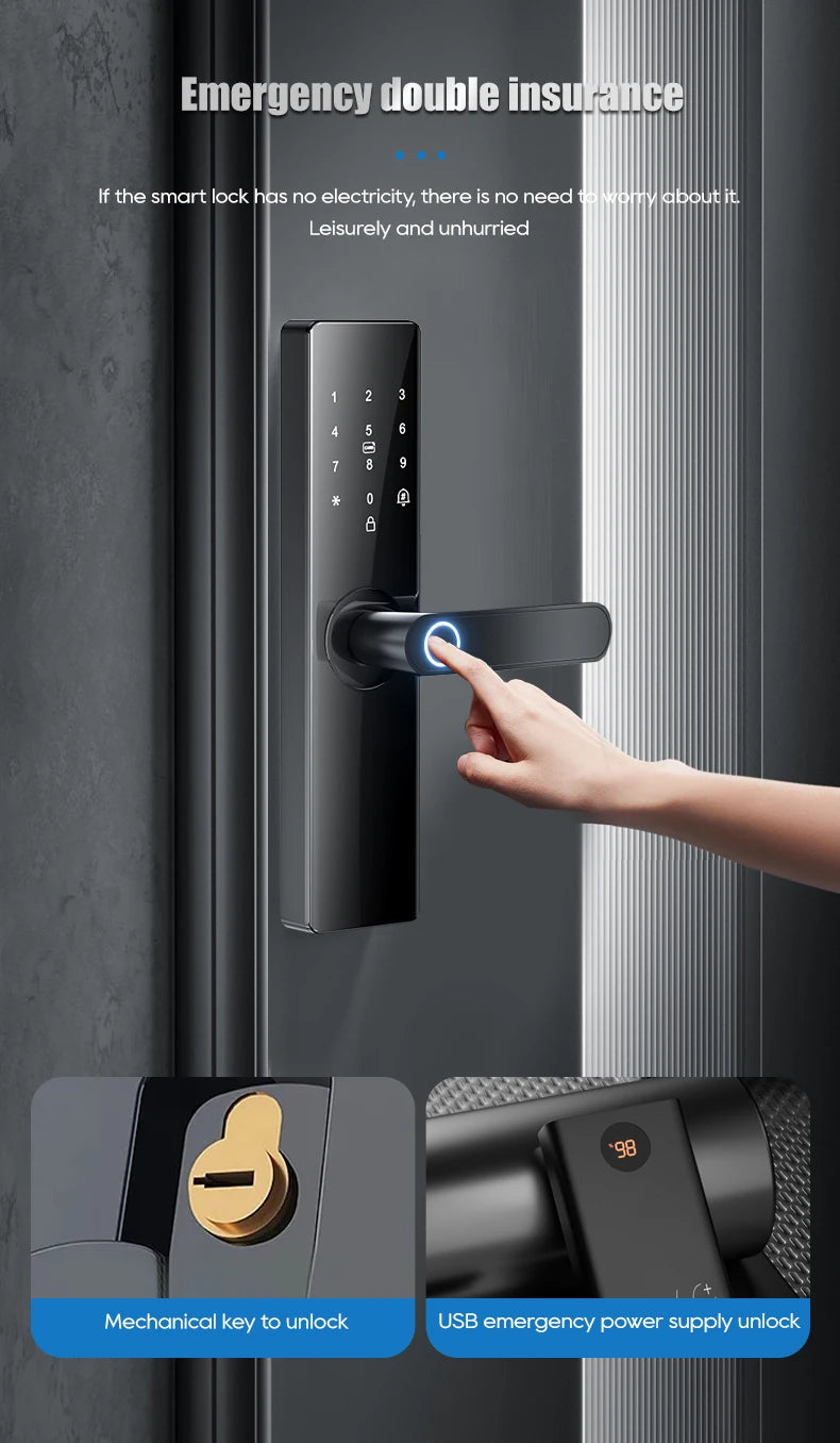 Smart Electronic Door Lock Fingerprint Biometrics Application Control Smart Card Key Access and USB Emergency Charging Smartlock