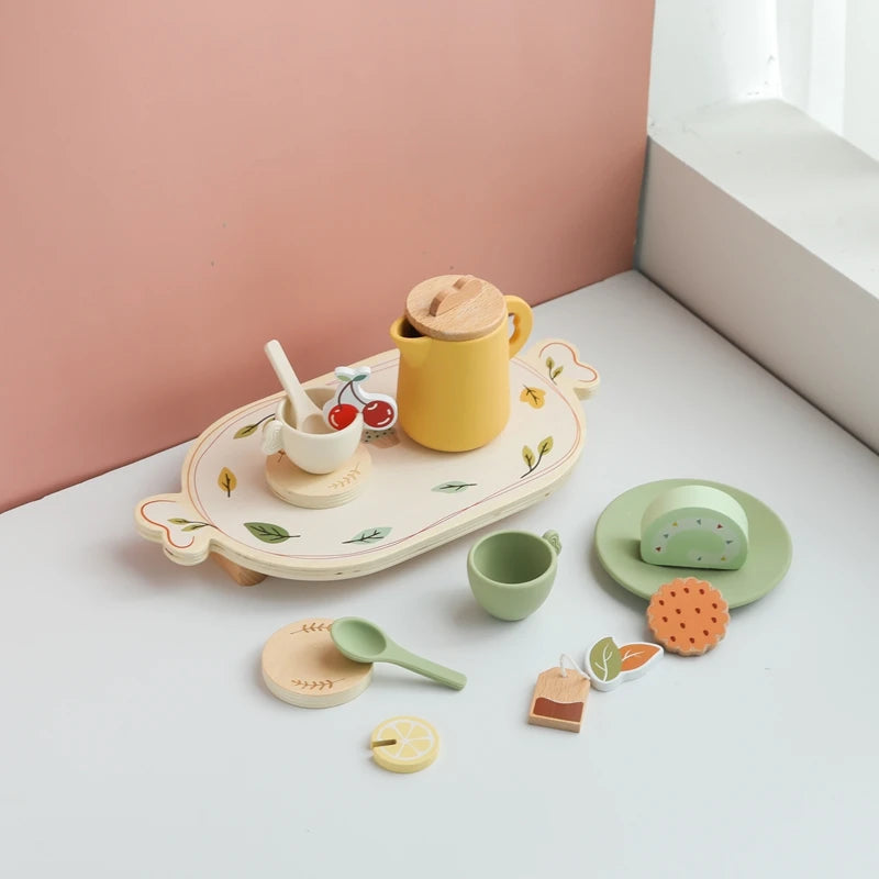 Kids Wooden Montessori Toys Afternoon Tea Set Pretend Play Kitchen Food Learning Role Play Game Baby Early Educational Toys Gift