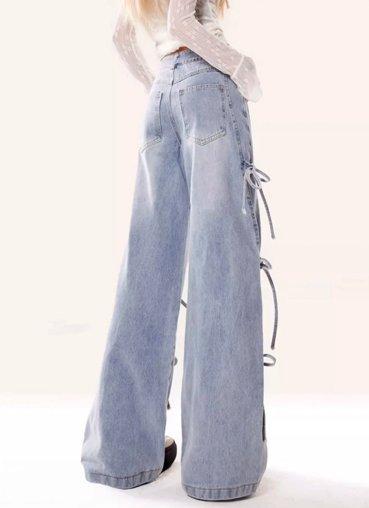 Jeans Women Vintage Bow Design Baggy Wide Leg Trousers Autumn High Waist Students Young All-match Daily Harajuku Slouchy Chic