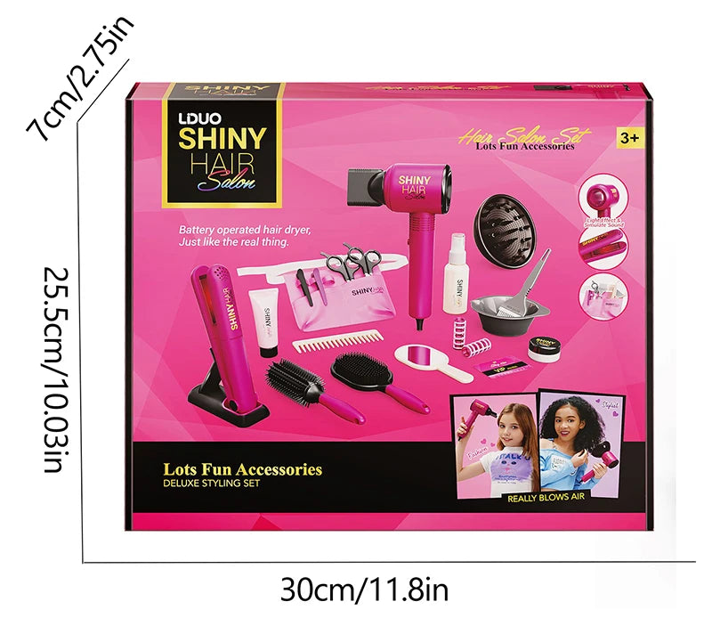 Hair Styling Play Set for Girls – Hair Clips, Mirror, Comb, Hairdryer, Hair Dye Tools – Role-Playing Kit for Ages 3+