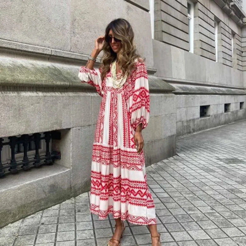 Summer Women Dresses Floral Print Ruffles Boho V-neck Puff Sleeve Casual Loose Beach Dress Half Sleeve Holiday Maxi Long Dress