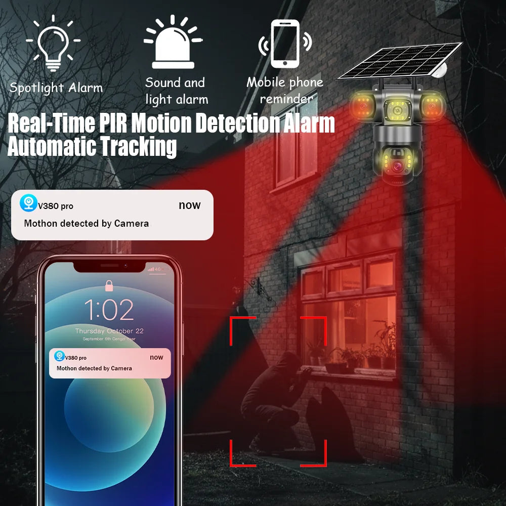 4G Solar Security Camera Outdoor Waterproof Wireless Three Lens Three screens Full Color Night Vision Motion Detection CCTV