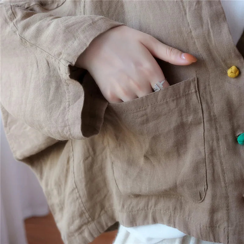 Women Long Sleeve Jackets New 2022 Autumn Vintage Style All-match Loose Comfortable Cotton Linen Female Casual Coats B2100