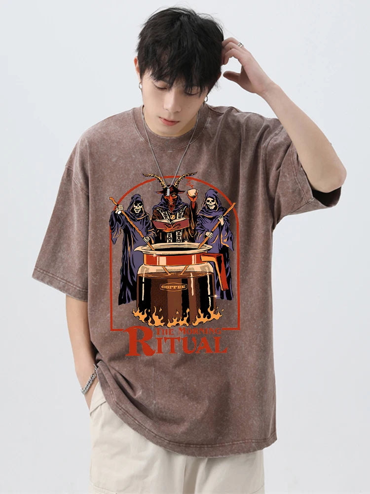 The Morning Ritual Coffee Funny Washed Retro Men T Shirts Summer Cotton T-Shirts Breathable Loose Clothes Hip Hop Street Tees