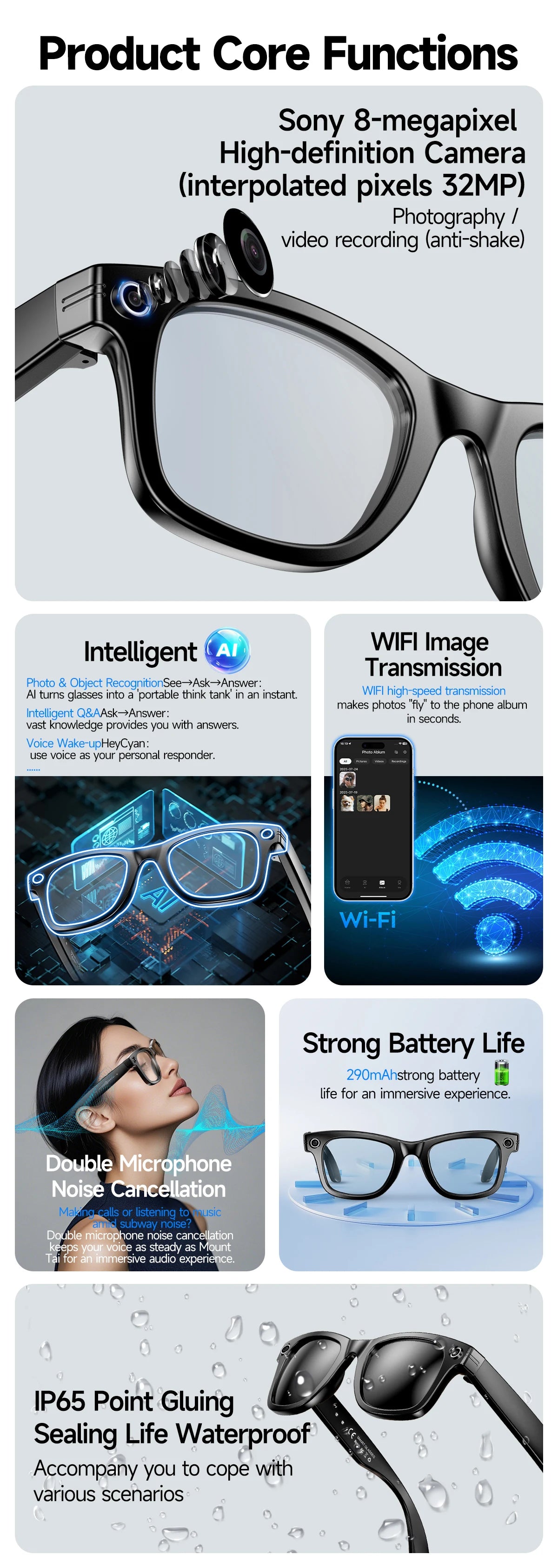 New Camera Glasses 800w Pixel 4K UHD Camera Recording Noise Reduction Ai Recognition Translation Anti Blue Light Smart Glasses
