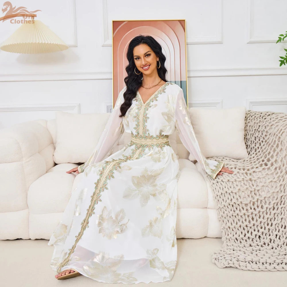Eid Muslim Women Dress Gown Turkish Caftan Abaya Jalabiya Ramadan Party Dresses Morocco Kaftan V Neck Belt Embroidery Vestidos