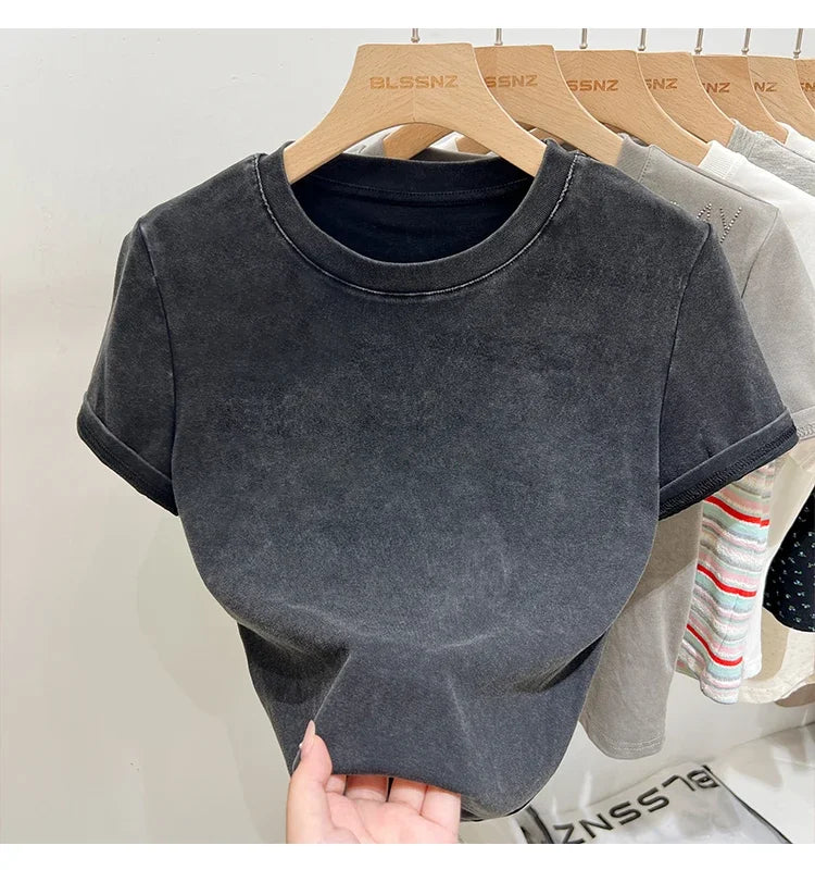 Women's Cotton T-shirt Female Summer 2025 Short Sleeve Washed Vintage Tee Harajuku Casual O-Neck Simple Slim Fit T Shirts