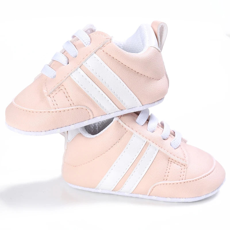 Baby Shoes Newborn Boys Sneaker Girls Two Striped First Walkers Kids Toddlers Lace Up PU Leather Soft Soles Sneakers 0-18 Months