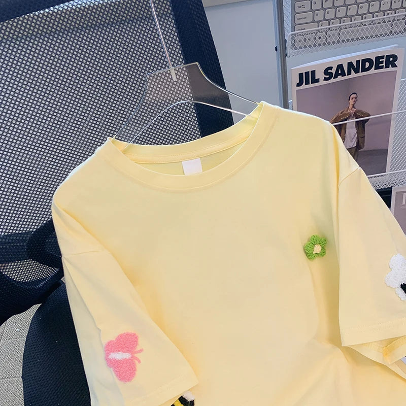 Pure Cotton Short Sleeved T-shirt Women's Summer 2024 Embroidered Flower Trend Round Neck New Top Oversized Women's Clothing