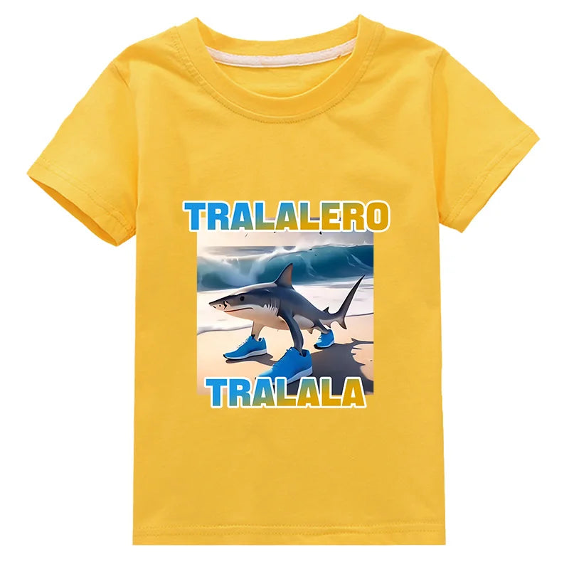 Tralalero Tralala Funny Shark Meme Kids Clothes Summer Boys Short Sleeve Outerwear Girls Casual T Shirt Children Clothes