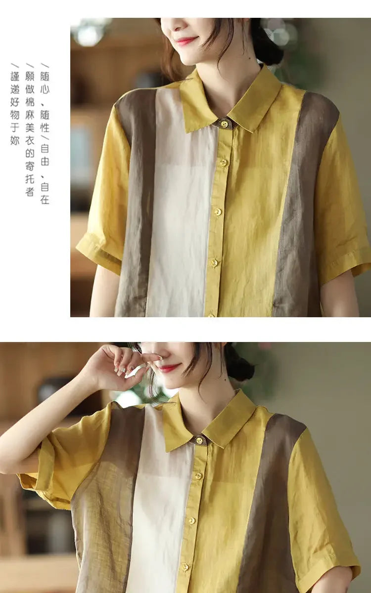 Cotton and Linen Shirt for Women Fashionable and Versatile Cardigan Lapel Top Thin