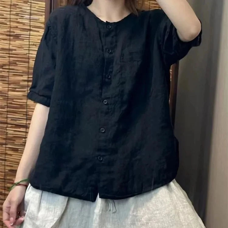 Chiffon Cotton Linen round Neck T-shirt Women Summer New Vintage Art Loose Shirt  Open Cardigan Top 2025 Short Shirt For Women