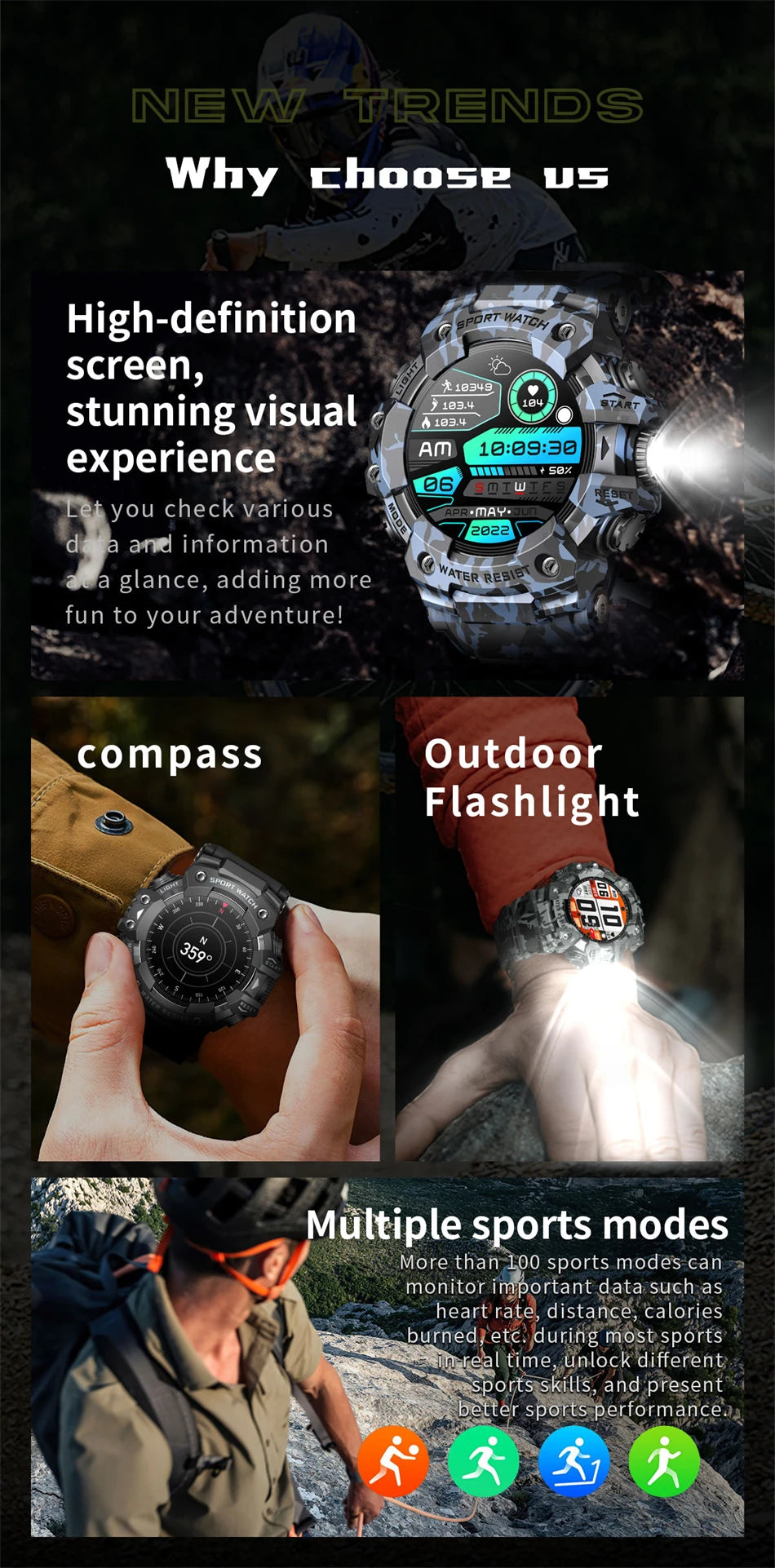 For Xiaomi Military Sports Smart Watch Men 100+Sports Fitness Flashlight Compass Heart Rate Bluetooth Call Waterproof Smartwatch