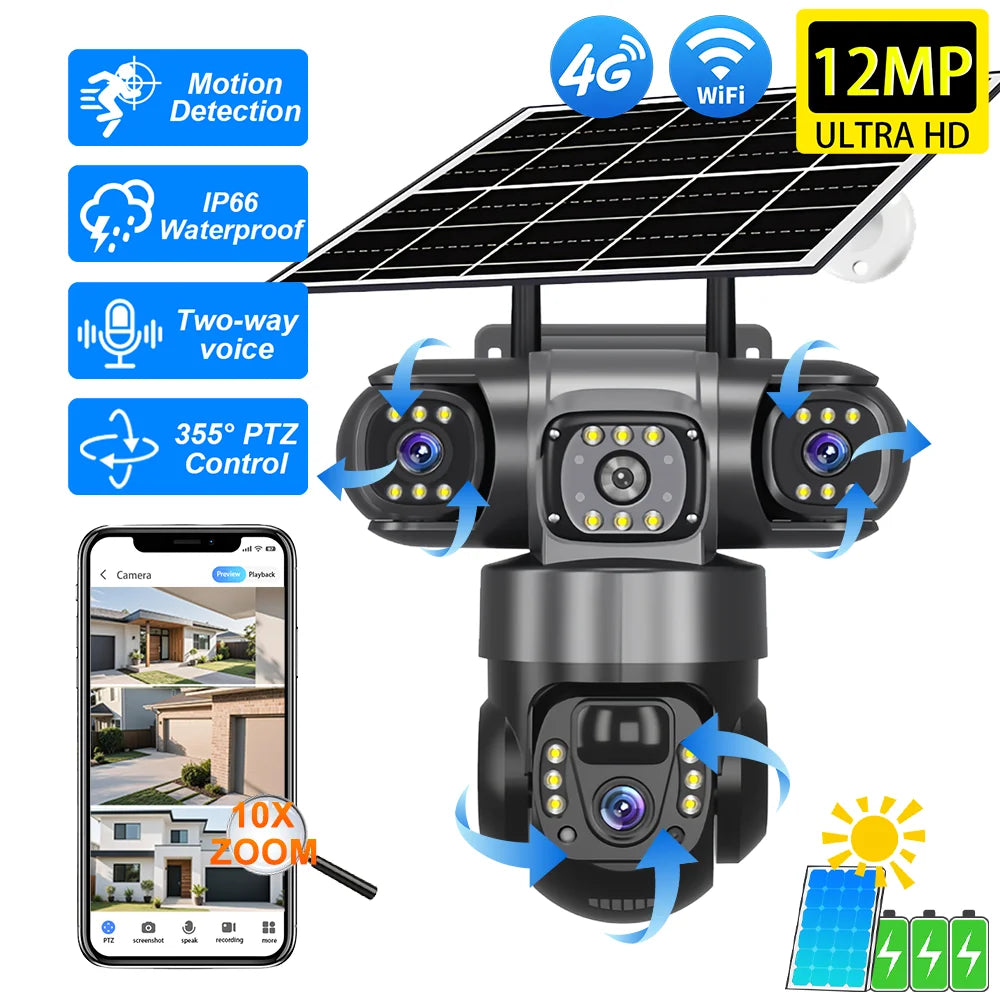4G Solar Security Camera Outdoor Waterproof Wireless Three Lens Three screens Full Color Night Vision Motion Detection CCTV