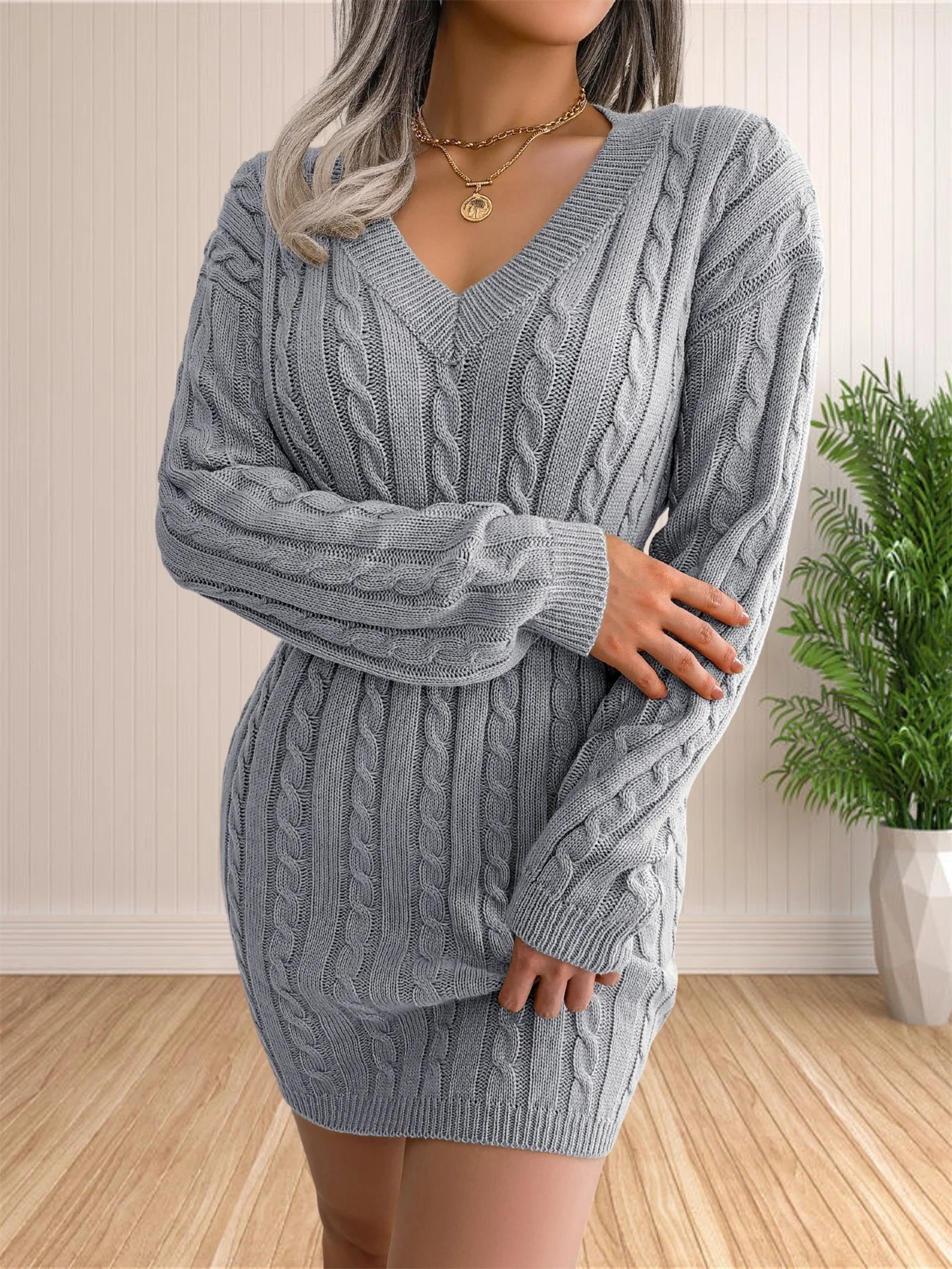Women Sweater Dresses Cocktail V Neck Knitted Dress Sweater Sheath Dress