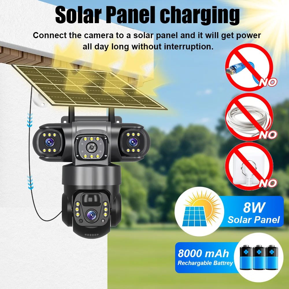 4G Solar Security Camera Outdoor Waterproof Wireless Three Lens Three screens Full Color Night Vision Motion Detection CCTV