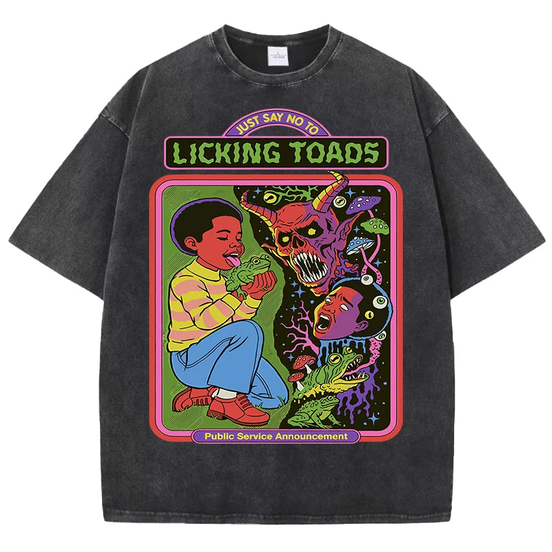 Licking Toads Printing Washed Men T Shirts Casual Stree Hip Hop Tees Breathable Soft Cotton Sport Loose Short Sleeve Unisex