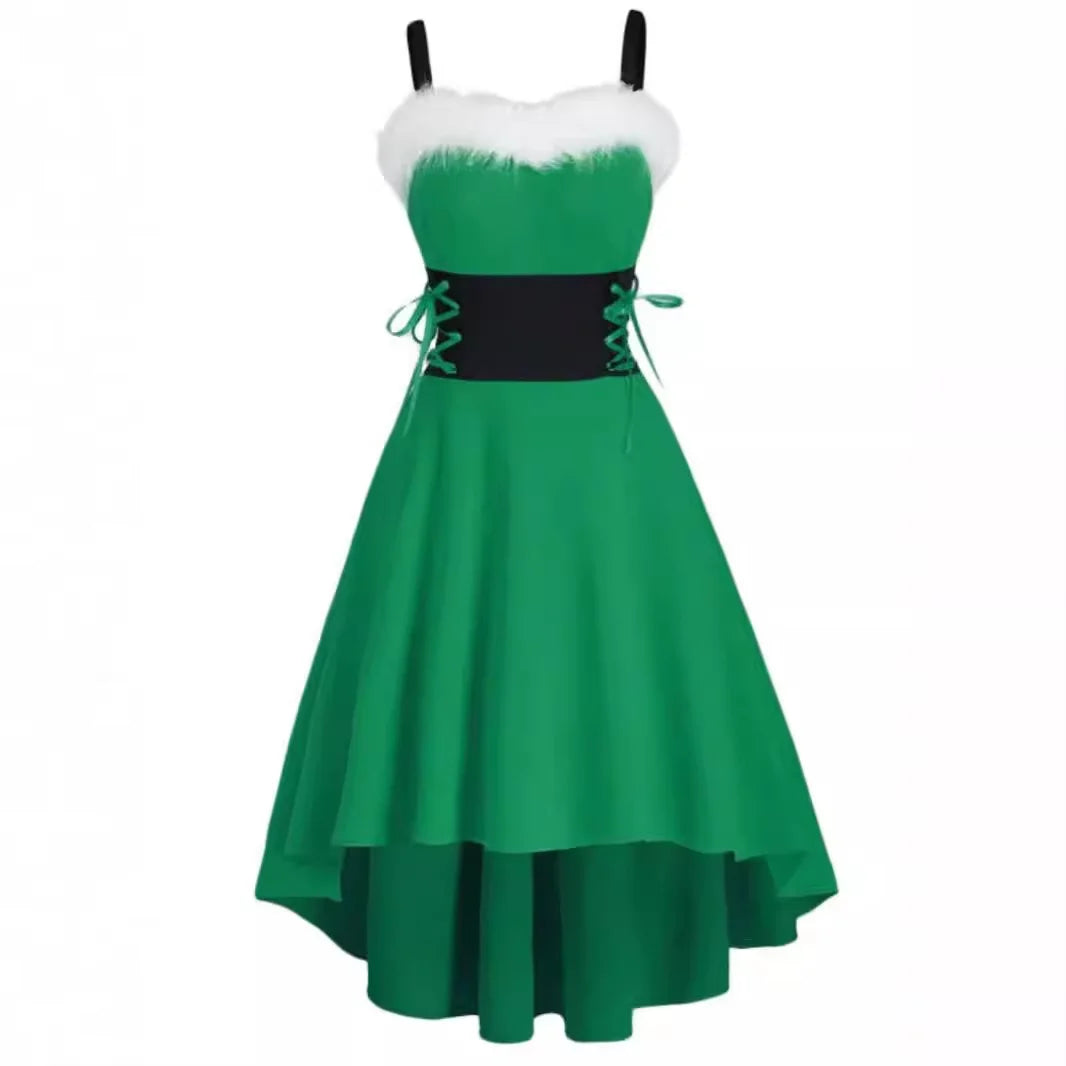 Women's Dress Christmas Floral Print Cold Shoulder Flounce Trim Elegant Dresses For New Year Sexy Merry Christmas Elk Deer Dress