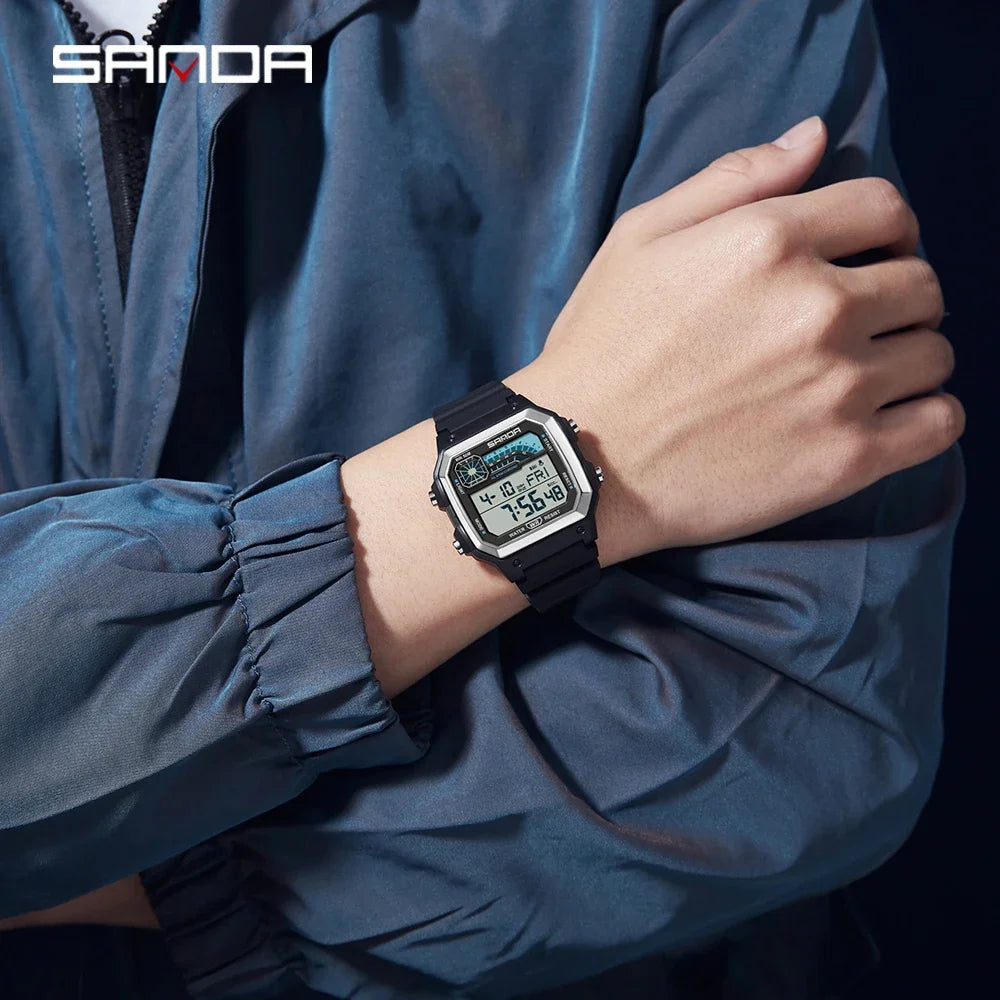 SANDA 6196 Electronic Watch Night Glow Waterproof Sports Men's Light and Thin Square Classic Male and Female Student Watch