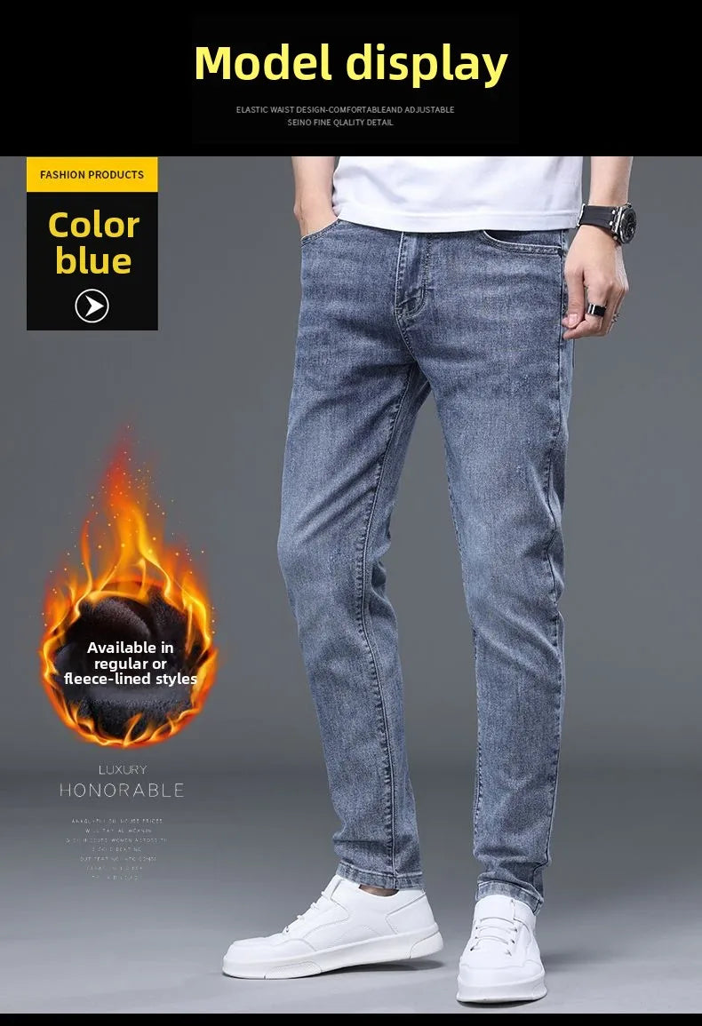 Fleece Thermal Autumn Winter Denim Jeans for Men Pants Warm Thicken Straight Stretch Clothing Fashion Street Causal Denim Pants
