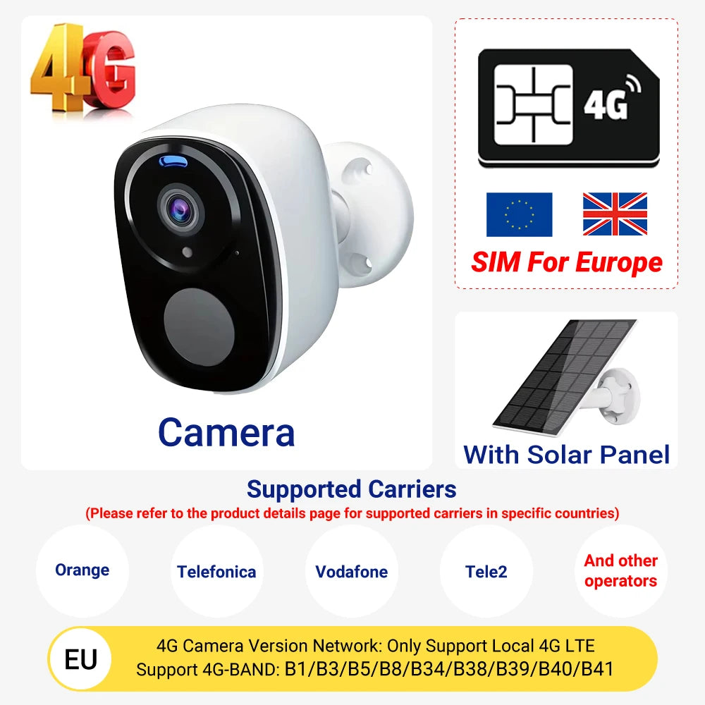 2K 5MP 4G Solar Security Camera Wireless Outdoor Color Night Vision PIR Motion Waterproof Solar/Battery Powered No WiFi Needed
