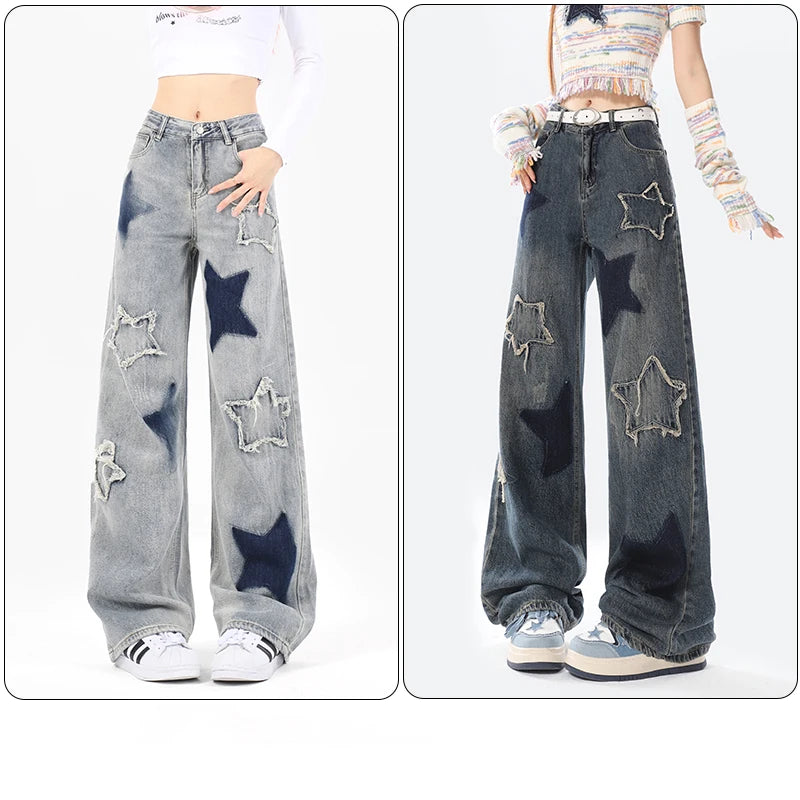 Women's Jeans American Vintage Star Embroidery Casual Denim Trousers Y2K Design Sense Denim High Street Loose Straight Leg Pants