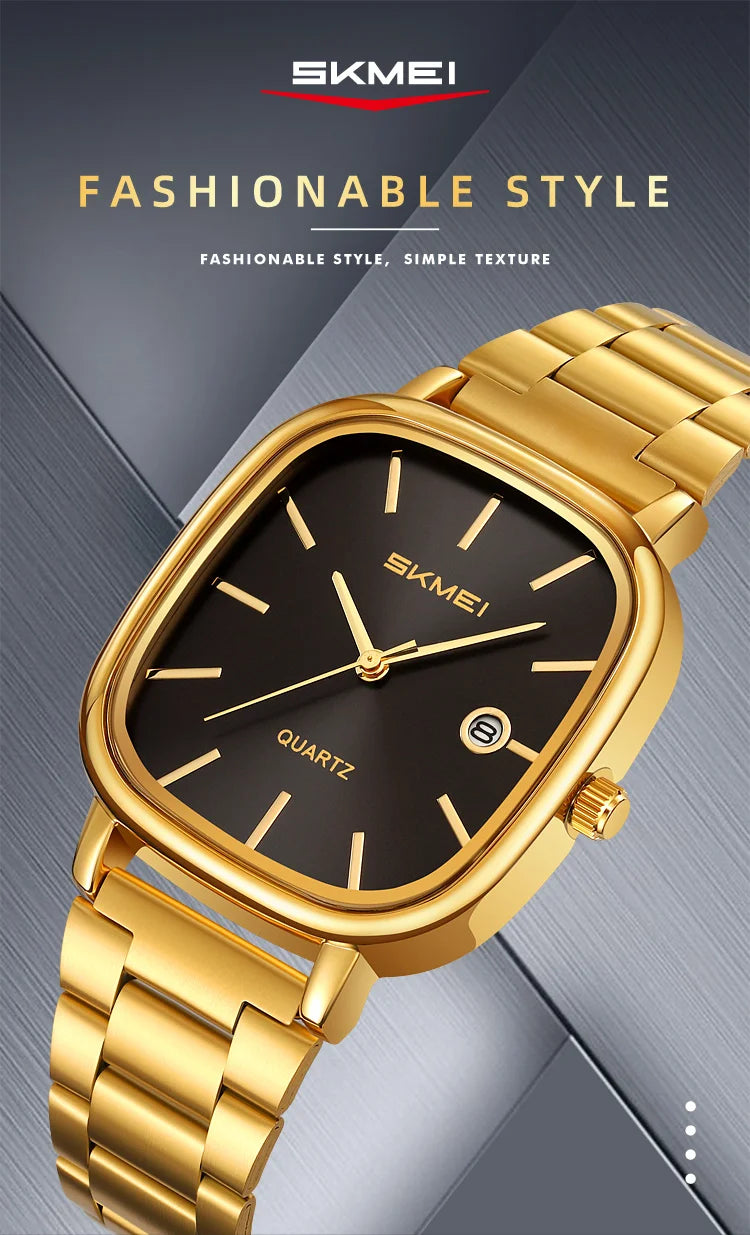 SKMEI Men's Quartz Watch Retro Square Zinc Alloy Case Gold Stainless Steel Band, 30M Water Resistance Time & Date Functions 2551